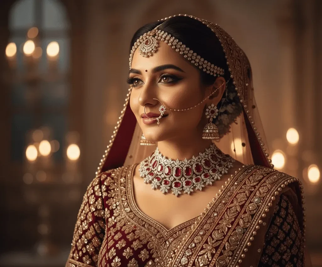 Bride wearing American Diamond choker necklace-Ruby-Gleam-Necklace