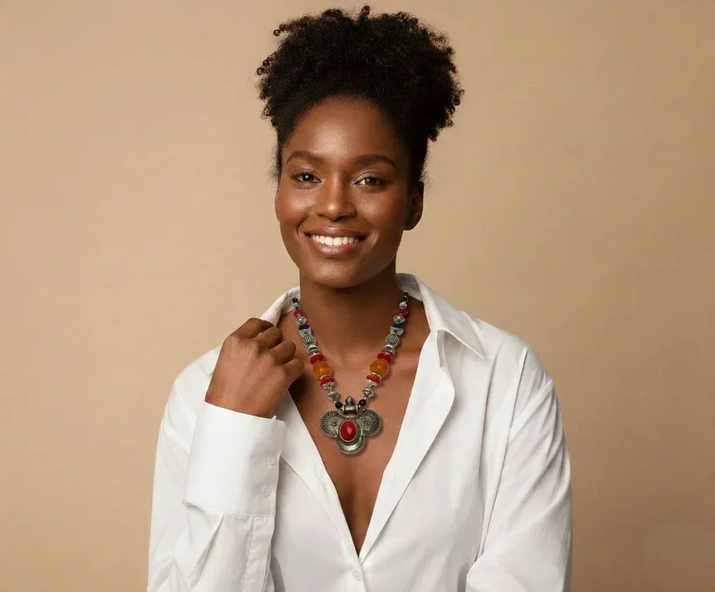 Woman wearing German Silver necklace with white shirt