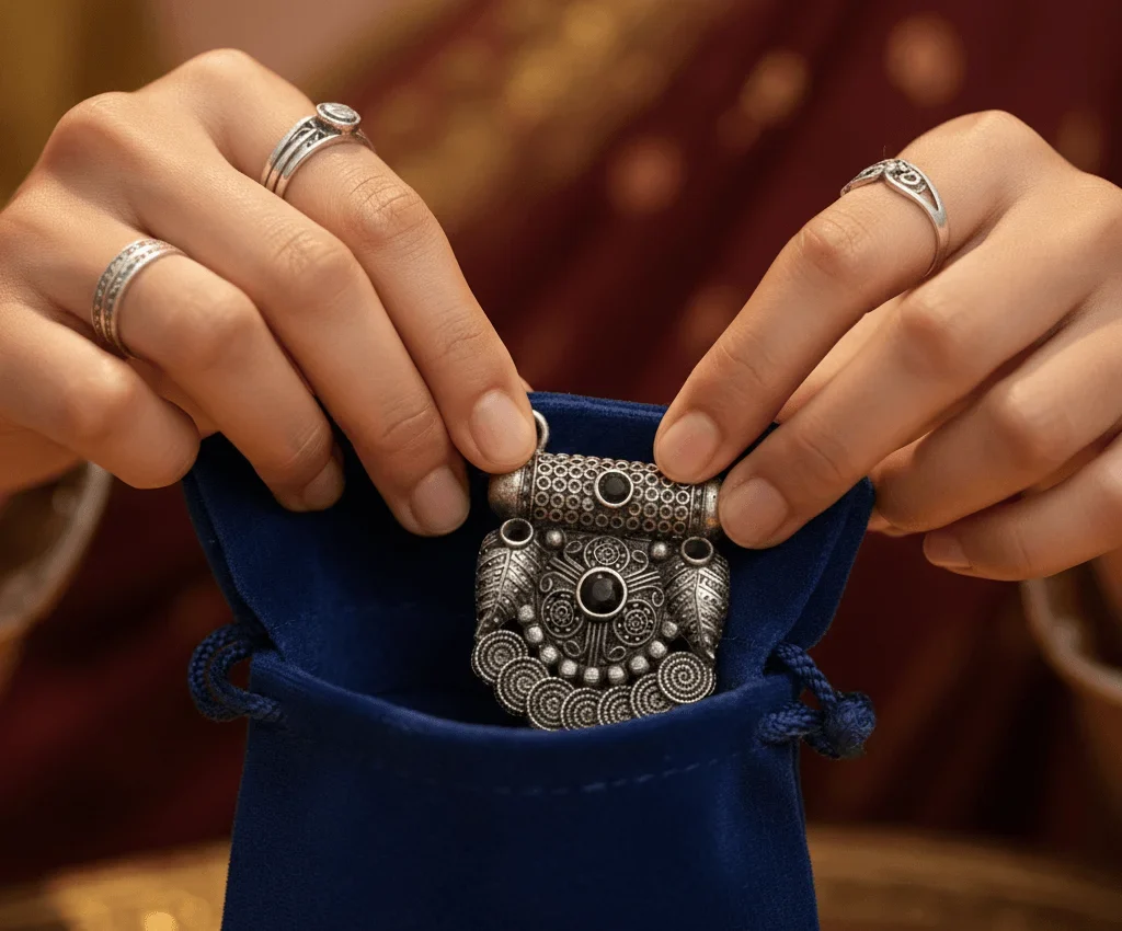 Storing German Silver jewellery in protective pouch